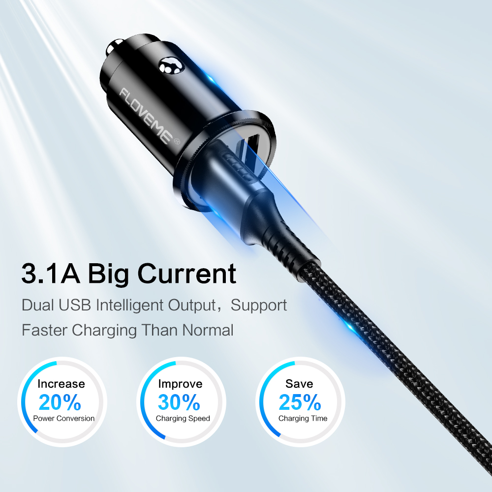 Floveme-cargador USB Mini para coche para iPhone 7 6X8 Plus 3.1A, cargador rápido para coche para Xiaomi Redmi Note 7, adaptador de cargador de coche USB Dual