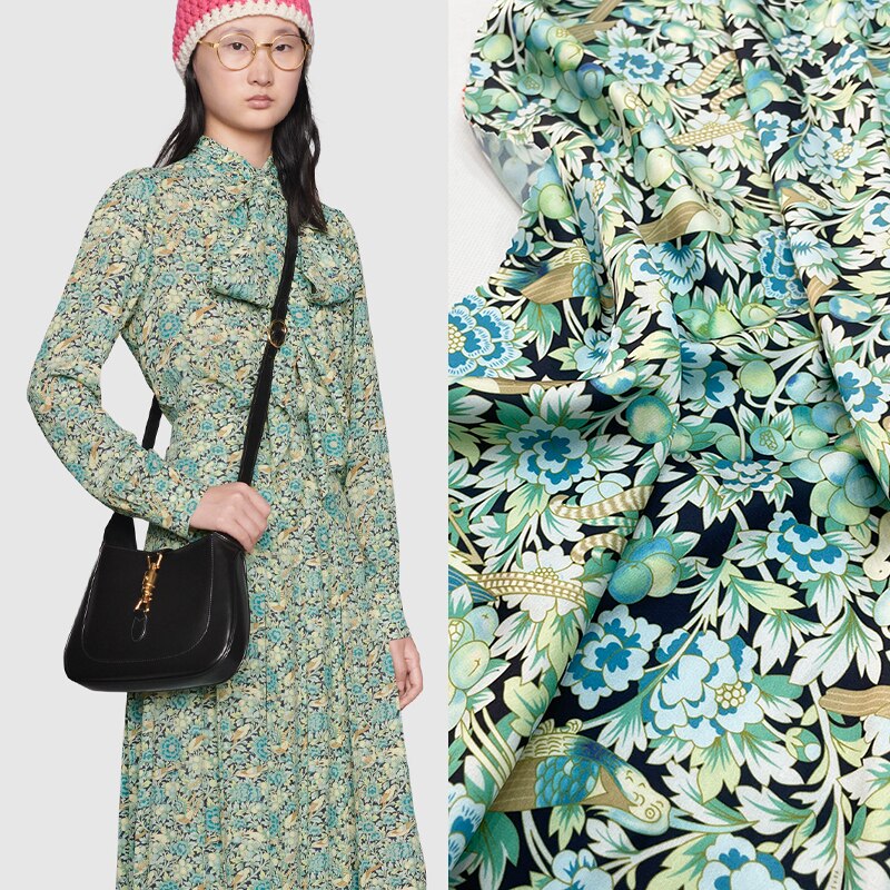 European and American Brand Summer Retro Green Flower - Bird Pattern Satin Fabric