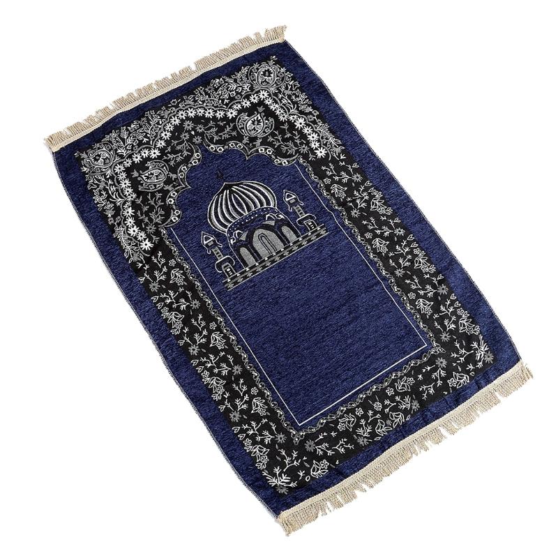 Islamic Turkish Chenille Prayer Rug Mosque Floral Pattern Portable Muslim Carpet Woven Jacquard Tassel Ramadan Mat H3CC: Blue