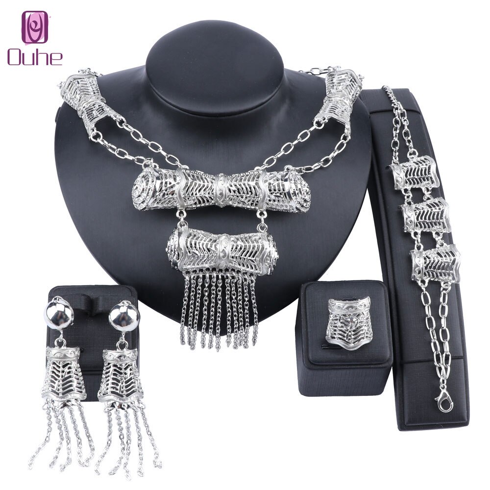 Afrikanischen Schmuck Sets Quaste Halskette Ohrring Dubai Gold Schmuck Set Für Frauen Hochzeit Party Braut Armband Ring Schmuck