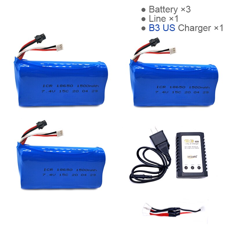 7.4V 1500mAh Lipo Battery for WPL MN99S D90 U12A S033g Q1 H101 7.4V 18650 SM Battery Rc Boats Cars Tanks Drones Parts: 3B 3in1 line B3 USC