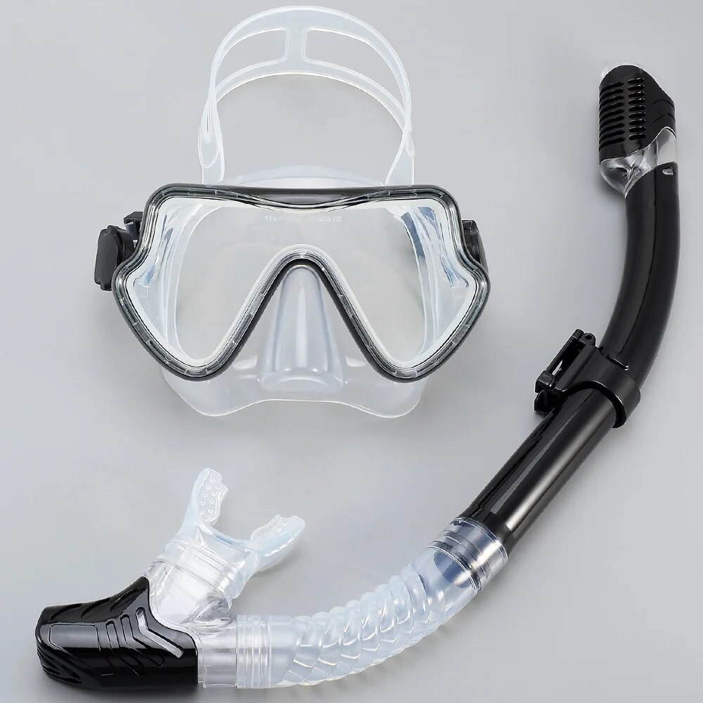 Tauchmaske Schnorchelset für Erwachsene, gehärtetes Glas, professionelle Panorama-Schnorchelausrügestochen, Schwimmtraining, Schnorchelset: Braun