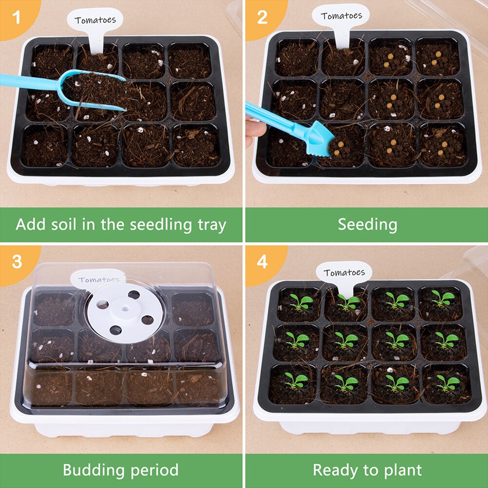 Plant Starter Tray Kit Nursery Sowing Indoor 12 Grid Germination Boxes Greenhouse Adjustable Dome Base Yard Breathable Holes