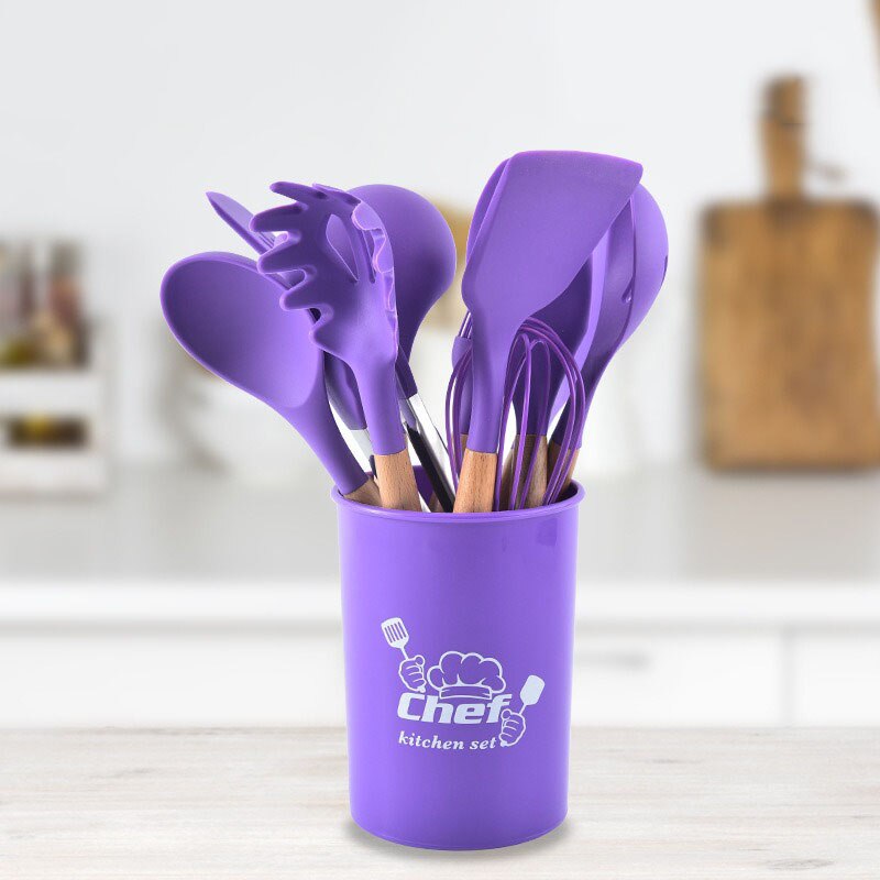 12 st silikon köksredskap set non-stick spatel spade trähandtag köksredskap med förvaringslåda kökstillbehör