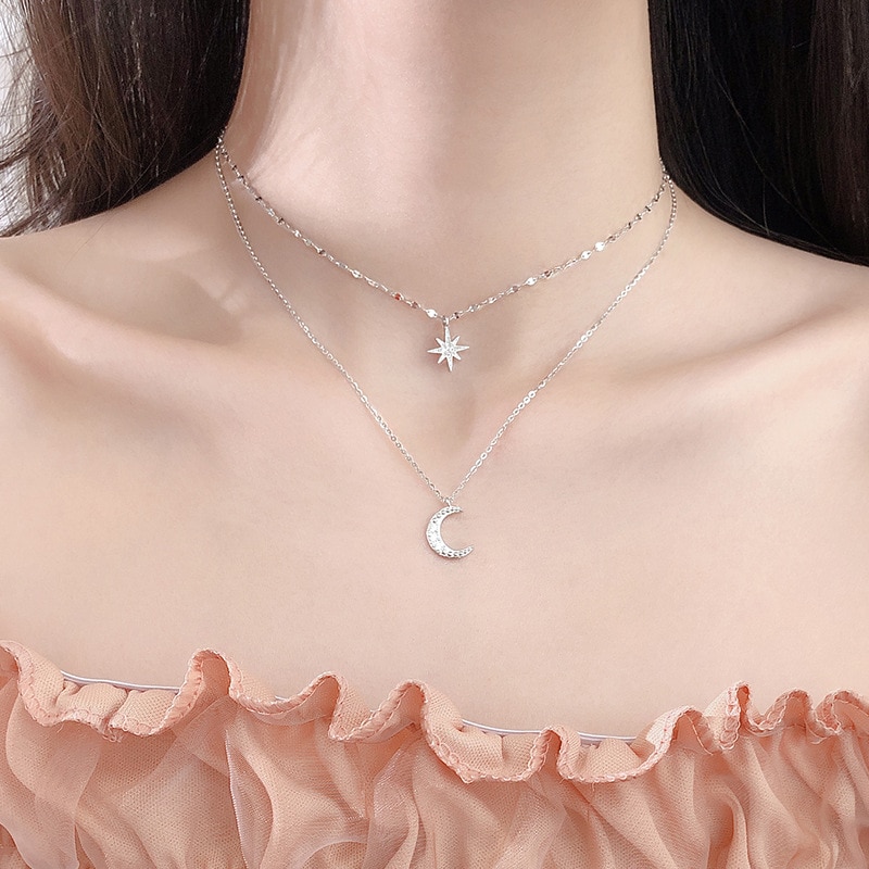 Simple Double Layer Star Moon Charm Necklace Delicate Clavicle Chain Zircon Necklace For Women Jewelry