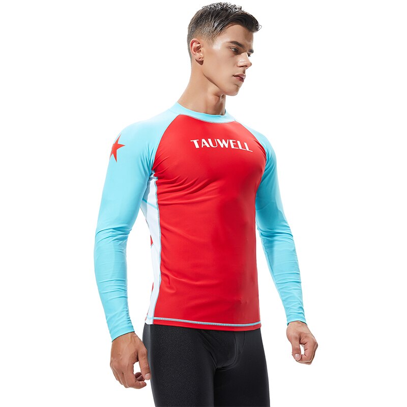 Mænd langærmet svømning tynde t-shirts udslæt vagt himmelblå rød patchwork rashguard svømme surfskjorter mand lange badedragt tees