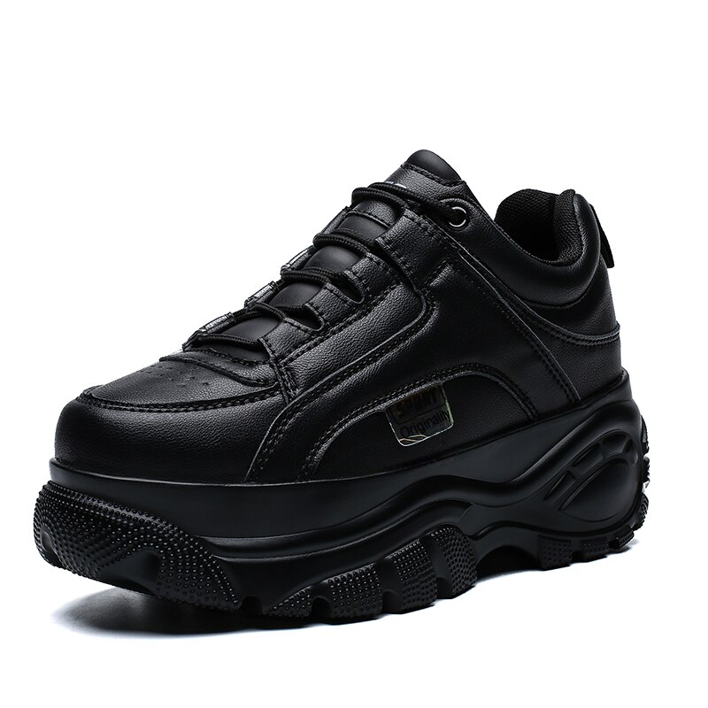 Tyk sål kvinder sneakers læder platform kvindelige fritidssko chunky sneakers efterår vinter kvinder creepers  xu128: Sort / 5