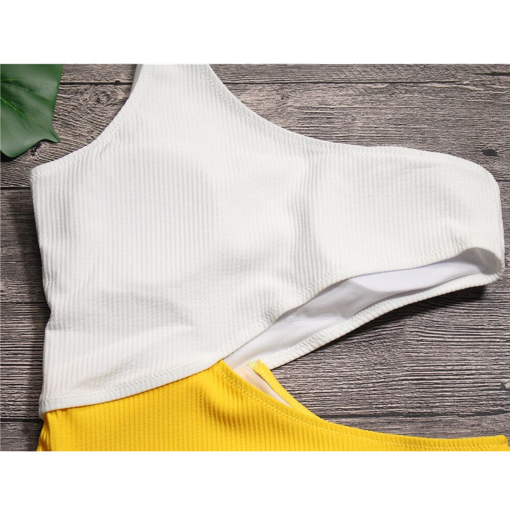 Sexy White Yellow High Waist Cut Out Trikini Ribbed Bathing Suit Monokini Asymmetric Shoulder Swimwear Women One Piece Swimsuit