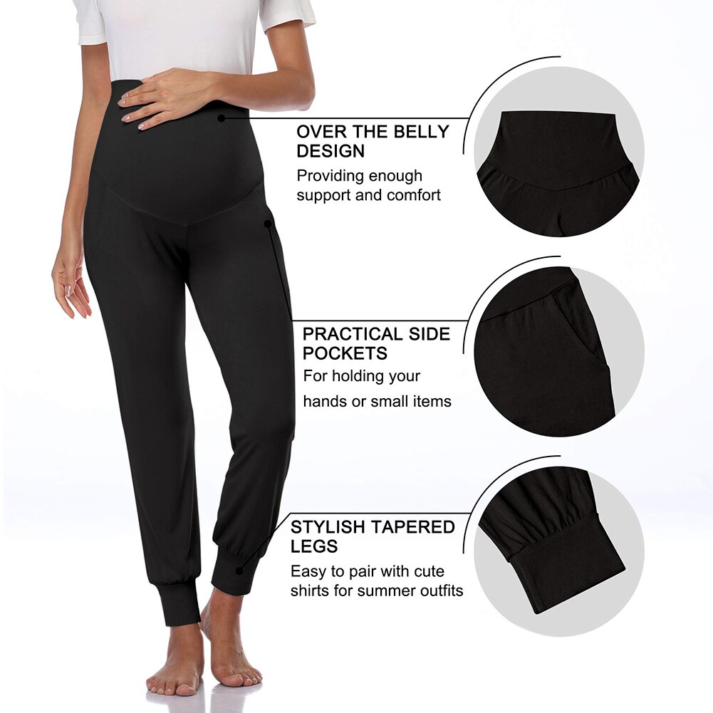 Pregnant Women Maternity Stretchy Pants with Pockets Female Cotton Solid Color High Waist Casual Comfortable Trousers