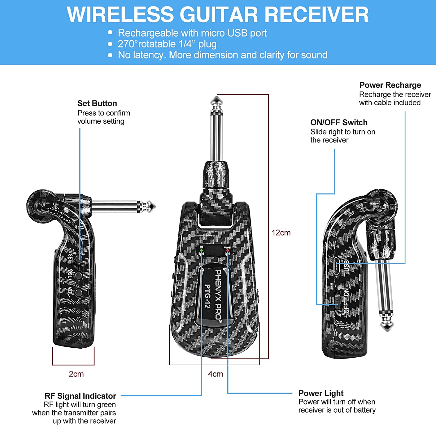 Phenyx Pro Wireless Guitar System, Rechargeable UHF Transmitter And Receiver Set, 20 Selectable Channels
