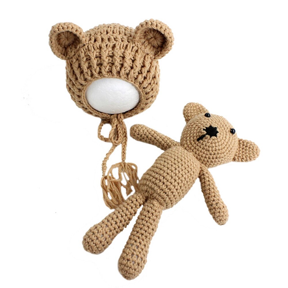 Nyfödda babyhattar fotografi rekvisita flickor pojkar virkade stickade dräkter med öronleksaker + hattar 2 st söta för baby: Kaki