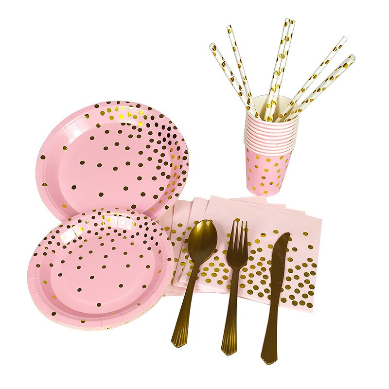 80Pcs Theme Party Tableware Set Party Party Tableware Wedding Birthday Party Disposable Tableware Bronzing Pink Tableware Set: Default Title