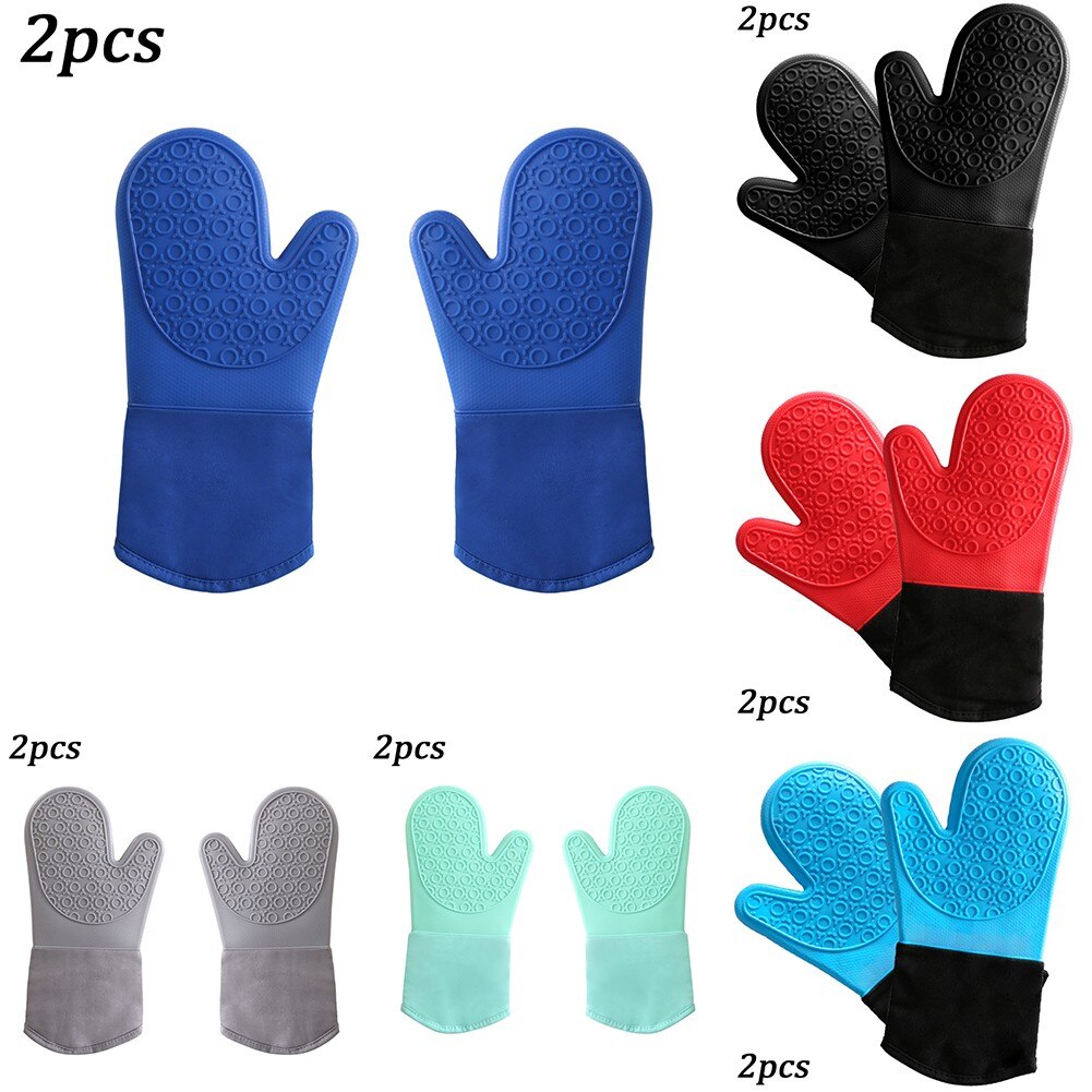 Non-Slip Silicone Microwave Glove Long Cotton BBQ Oven Baking Pot Mitts Cooking Heat Resistant Kitchen Baking Tool