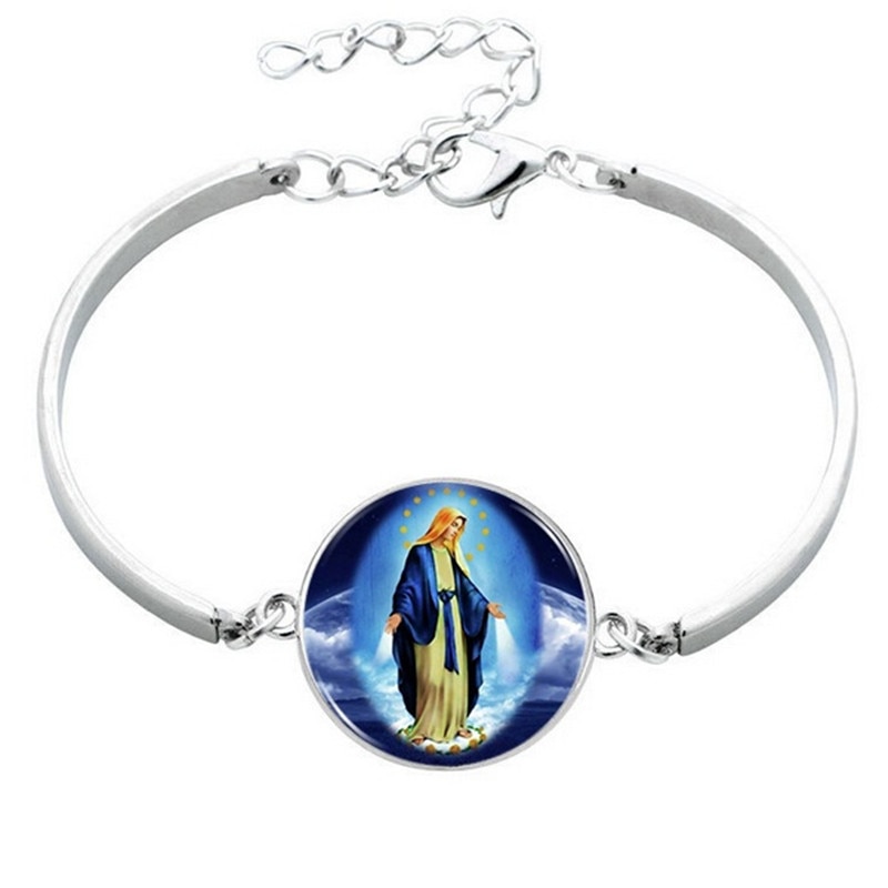 Jomfru mary glass cabochon anheng halskjede øredobber armbånd armbånd sett totalt 4 stk smykkesett til kvinner og #39 ;s