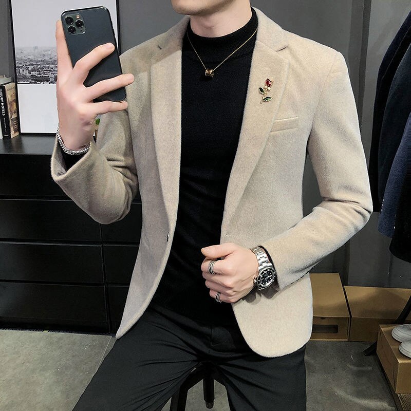 Chaqueta de Tweed informal para Hombre, Americana, Blazers con estilo, de otoño, de terciopelo, ajustada,: Khaki / Korean M
