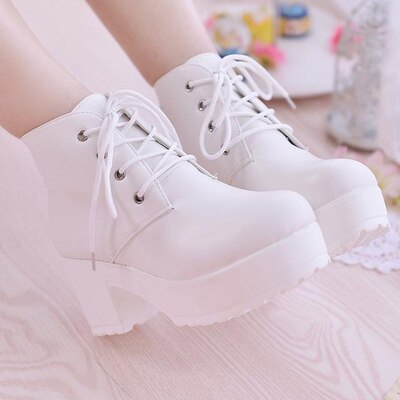 Black White Boots Heels 6CM PU leather Boots Women Platform Heels Ankle Boots for Women Chunky Heel Shoes Zapatos Plataforma: White / 7