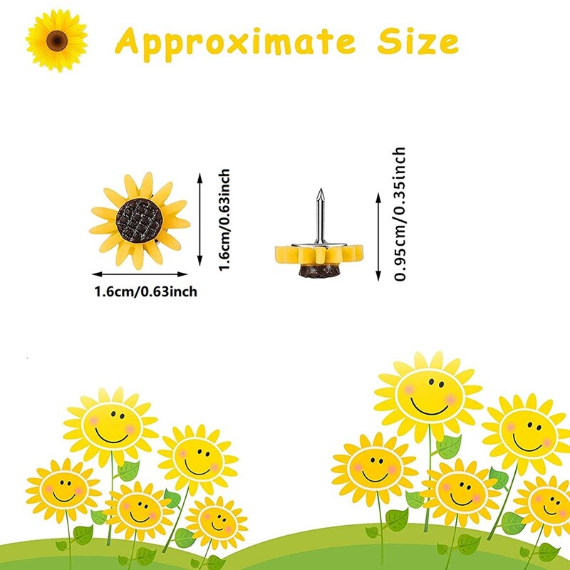 FUIPVGI 40 Stuks Zonnebloem Pushpins – Geel – Kunststof + Metaal – 1,6 Cm – Voor Prikbord, Fotomuur, School En Kantoor – Decoratieve Punaises