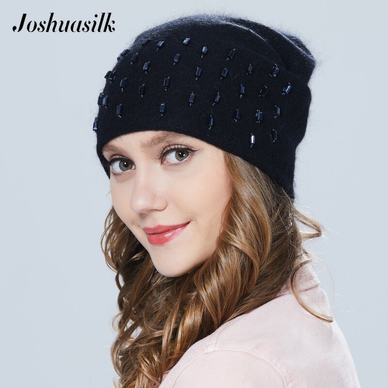 Joshuasilk damehue efterår vinter angora strikket varm hue smykker: C01
