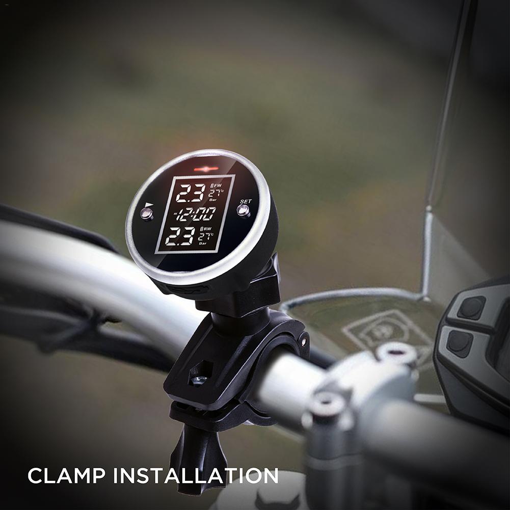 Universal Wireless Motorcycle TPMS Tire Pressure Monitoring System With Time Display Motorcycle Tire Pressure Sensor 2 External