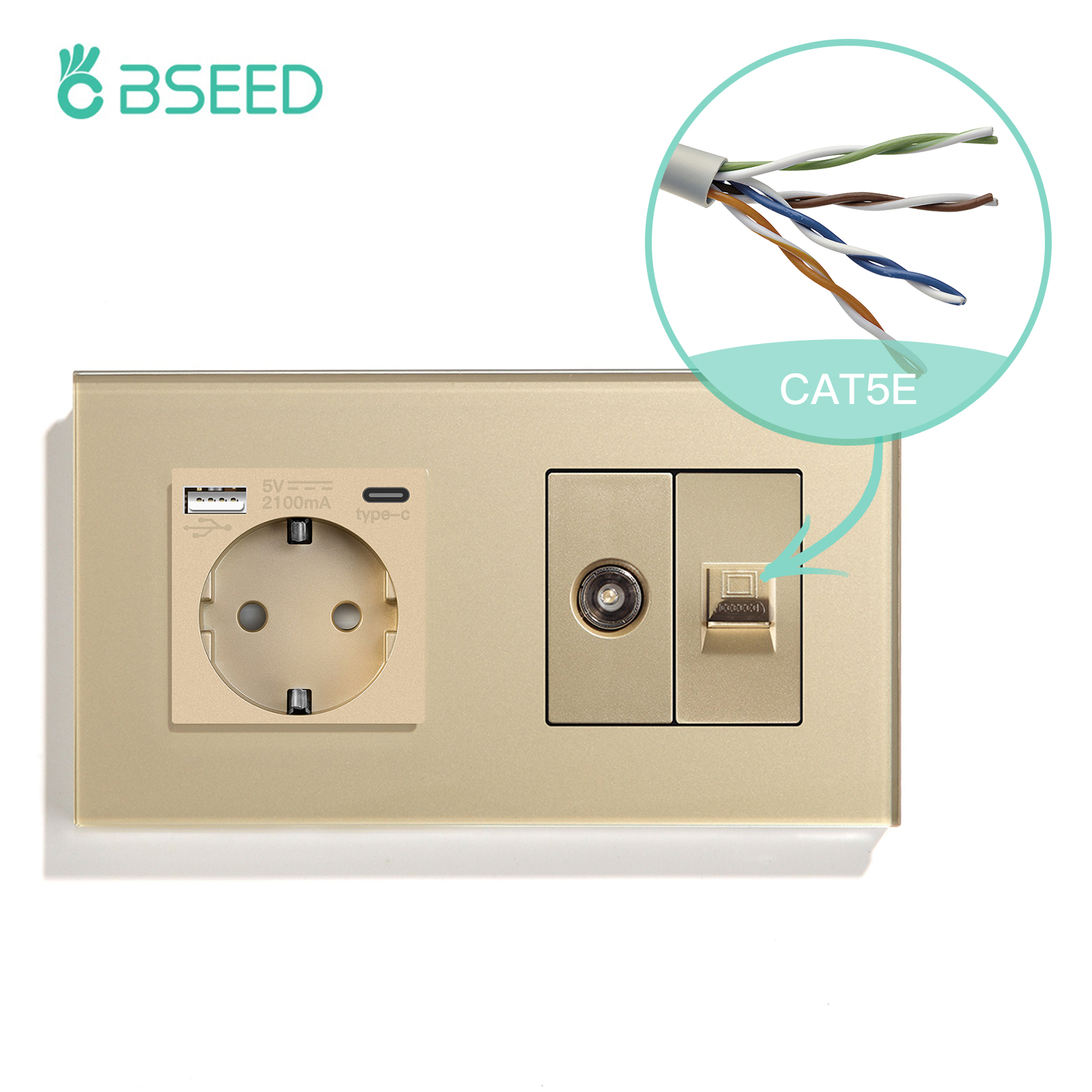 BSEED TV CAT5 With EU Socket Double Wall Sockets TV Internet RJ45 PC Connections Type-c USB Electric Sockets Glass Frame: Type 19