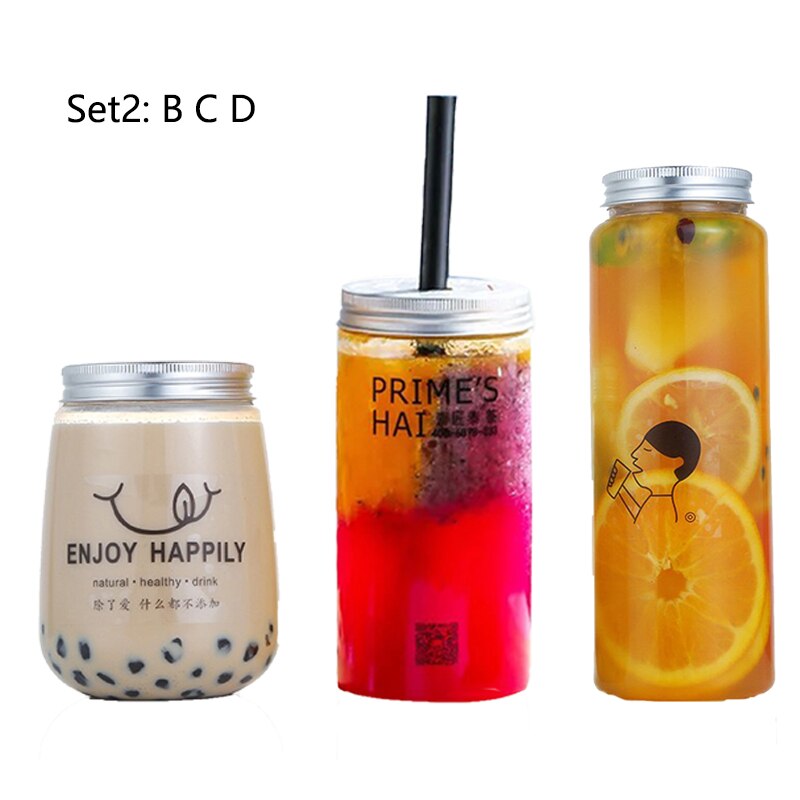 500ml plastic drinkflessen met aluminium deksels, wegwerpflessen met doorzichtige drank en water, brede hals voor snoep en thee.: Set 2
