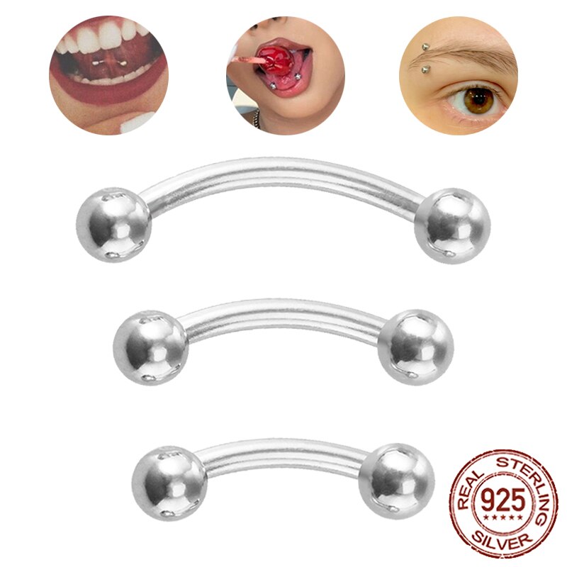 Piercing de sobrancelha curvo de prata esterlina 925, anel de banana, labret, língua, tragus, barra helix, brinco, joias, 16g, 1 peça