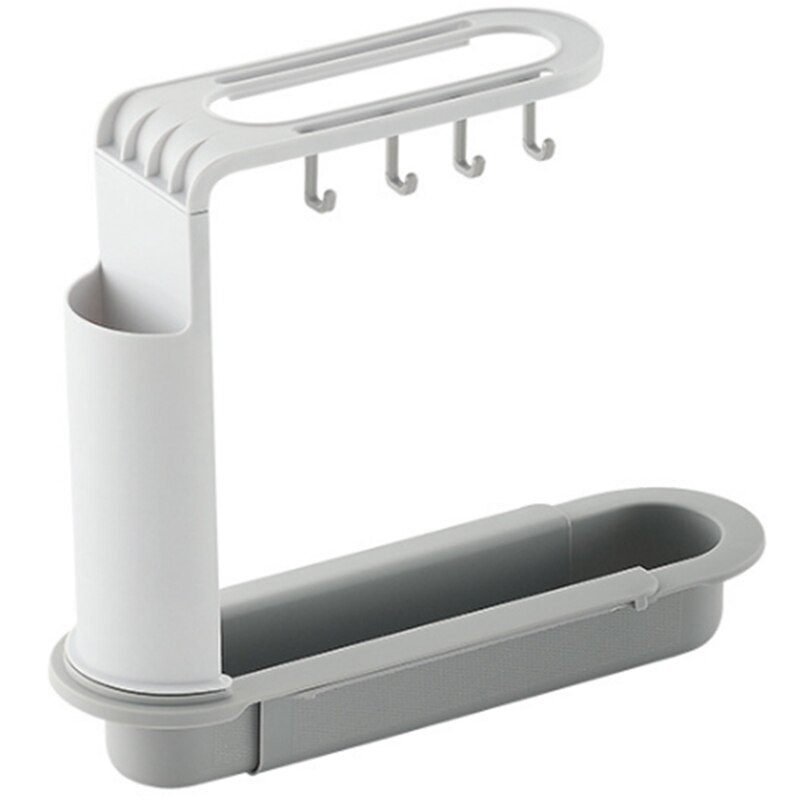 Retráctil rejilla para escurrir para fregadero de cuatro-Perchero de almacenamiento con gancho con trapo titular palillo jaula accesorios de cocina: White grey