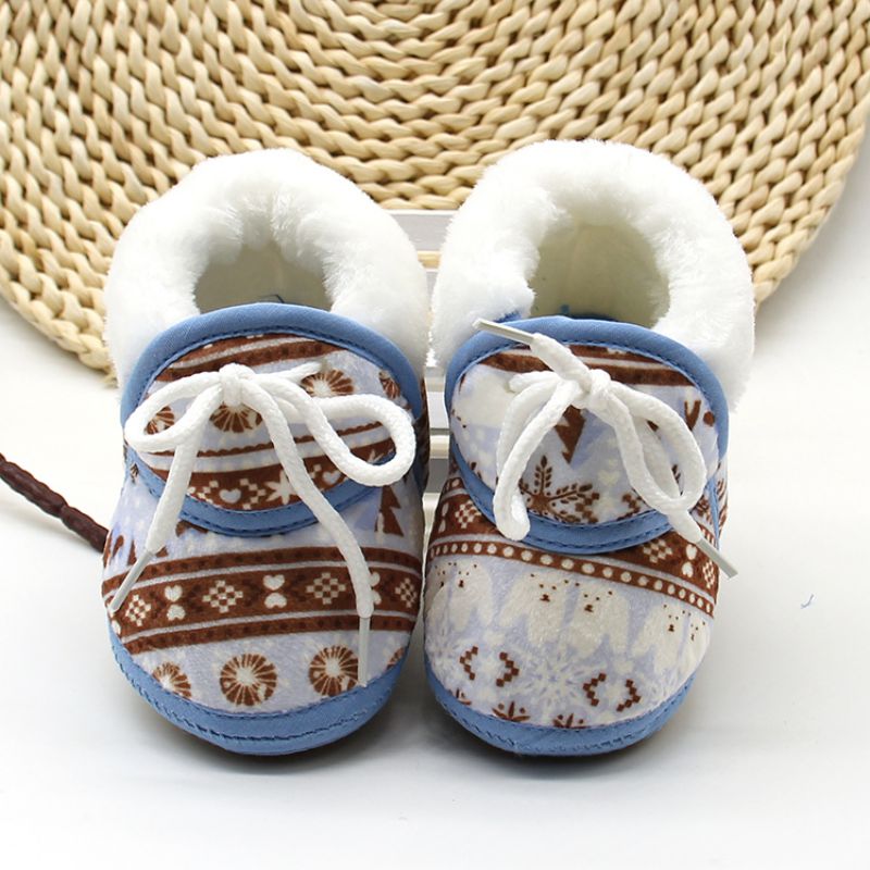 Cute Baby Boots Shoes Spring Warm Soft Baby Retro Printing Shoes Cotton Padded Infant Baby Boys Girls Soft Boots 6-12M