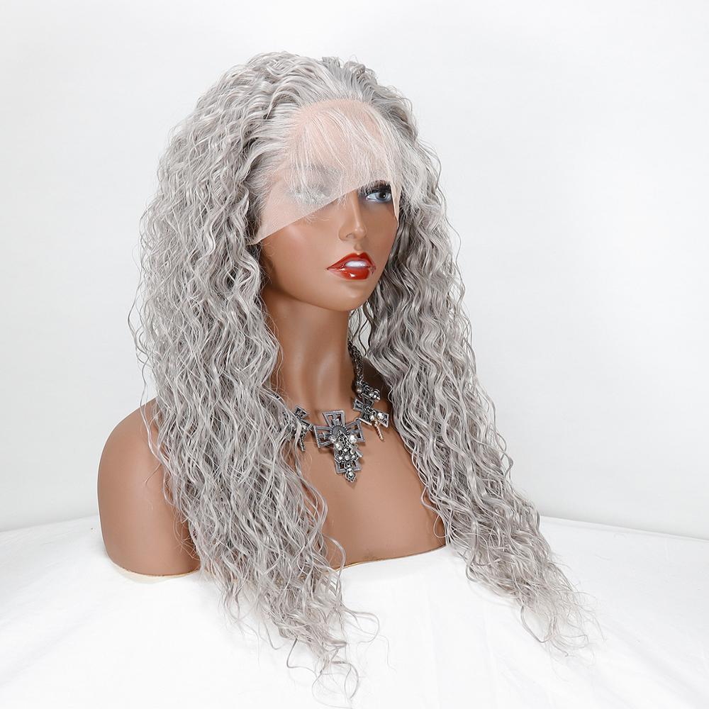 Loose Curly Gray Heat Resistant Fiber Silver Grey Synthetic Lace Front Wig For Women Replacement Wig With Baby Hair