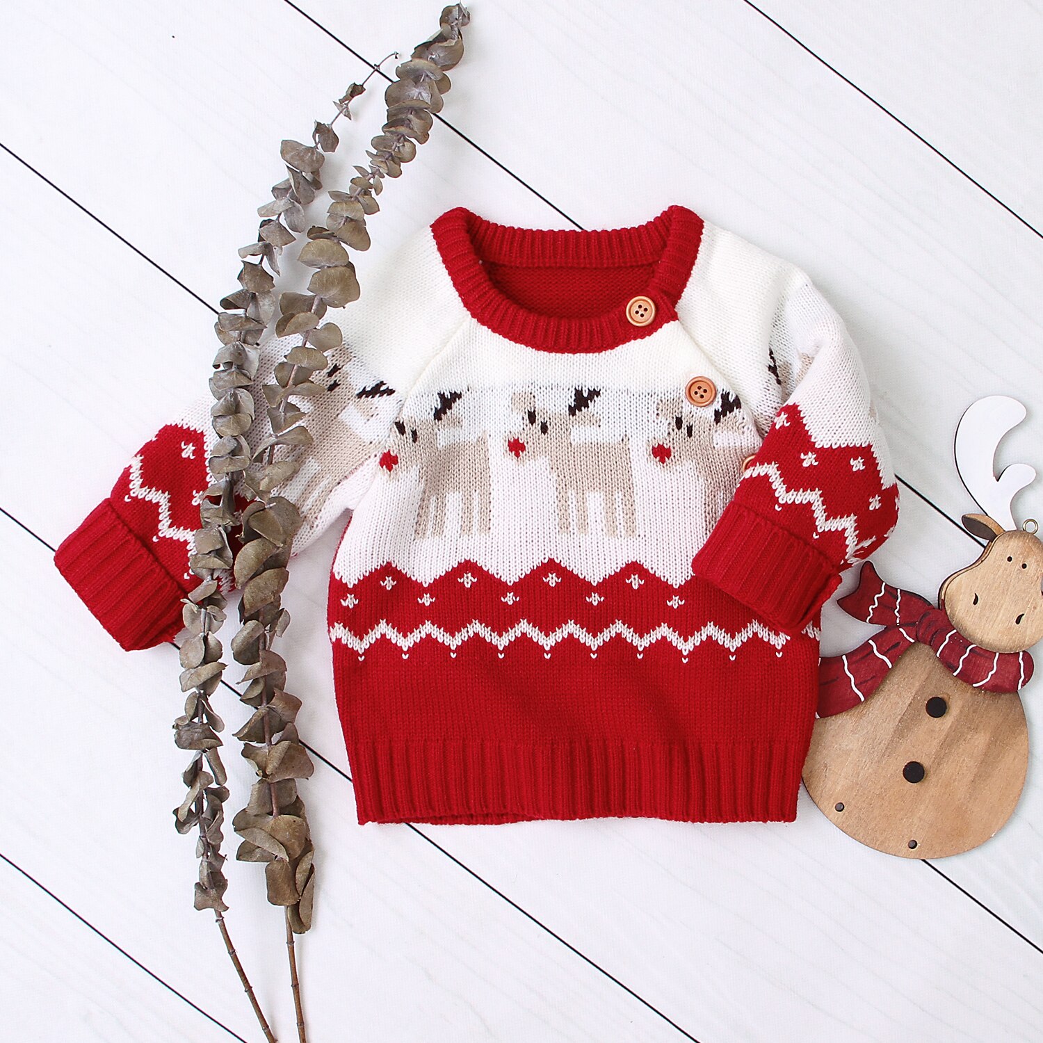 Jul børn piger dreng strikket tegneserie sweater rund hals langærmet løs sweater med elg mønster til forår og vinter