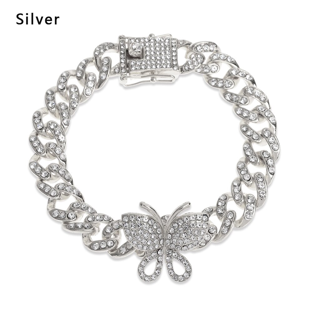 1 Pc Zirkoon Vlinder Enkelband Bling Strass Cubaanse Link Chain Enkelbanden Voor Vrouwen Brede Voet Armbanden Boho Strand Sieraden: silver