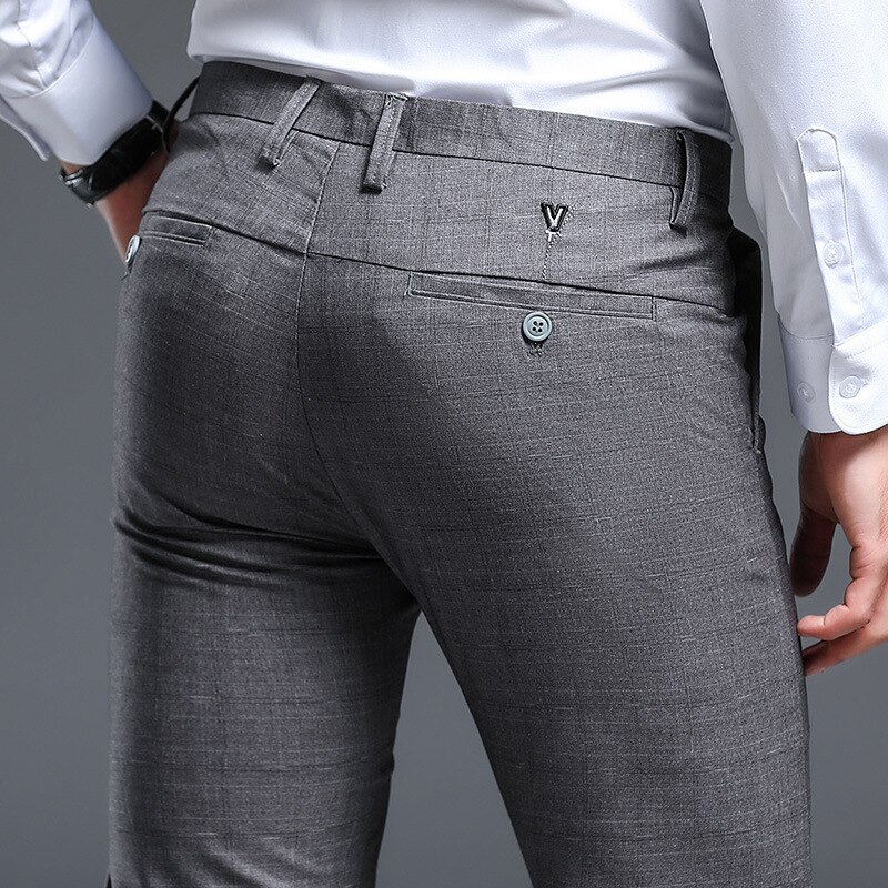 Pantalones de cuadros grises para hombre, pantalón ajustado, fuerza elástica, Formal, de negocios
