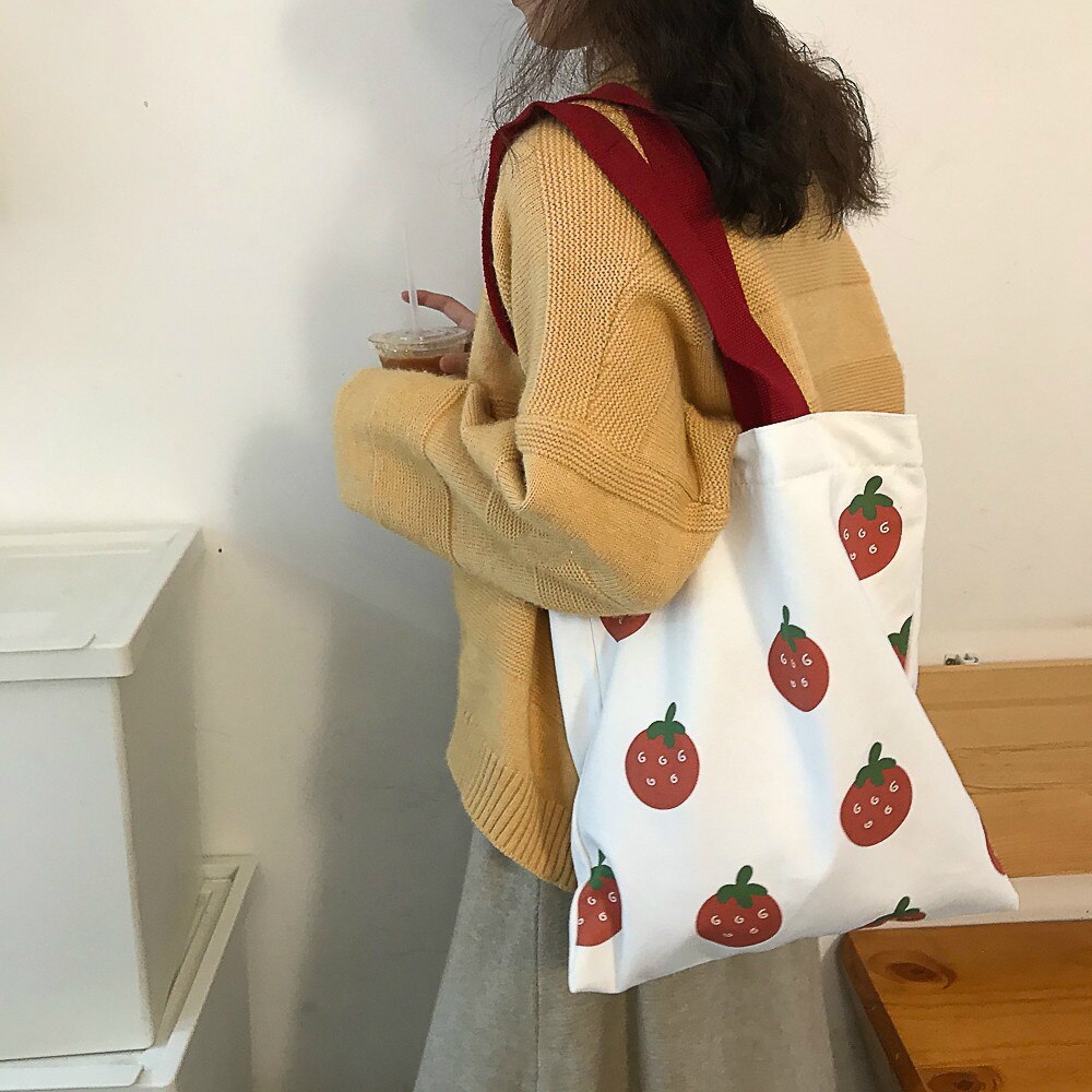 Einkaufstaschen Frauen Erdbeere Gedruckt Kawaii Nette eins Leinwand Tasche Große Kapazität Frauen eins Handtasche Schüler Tote Tasche Ulzzang Neue