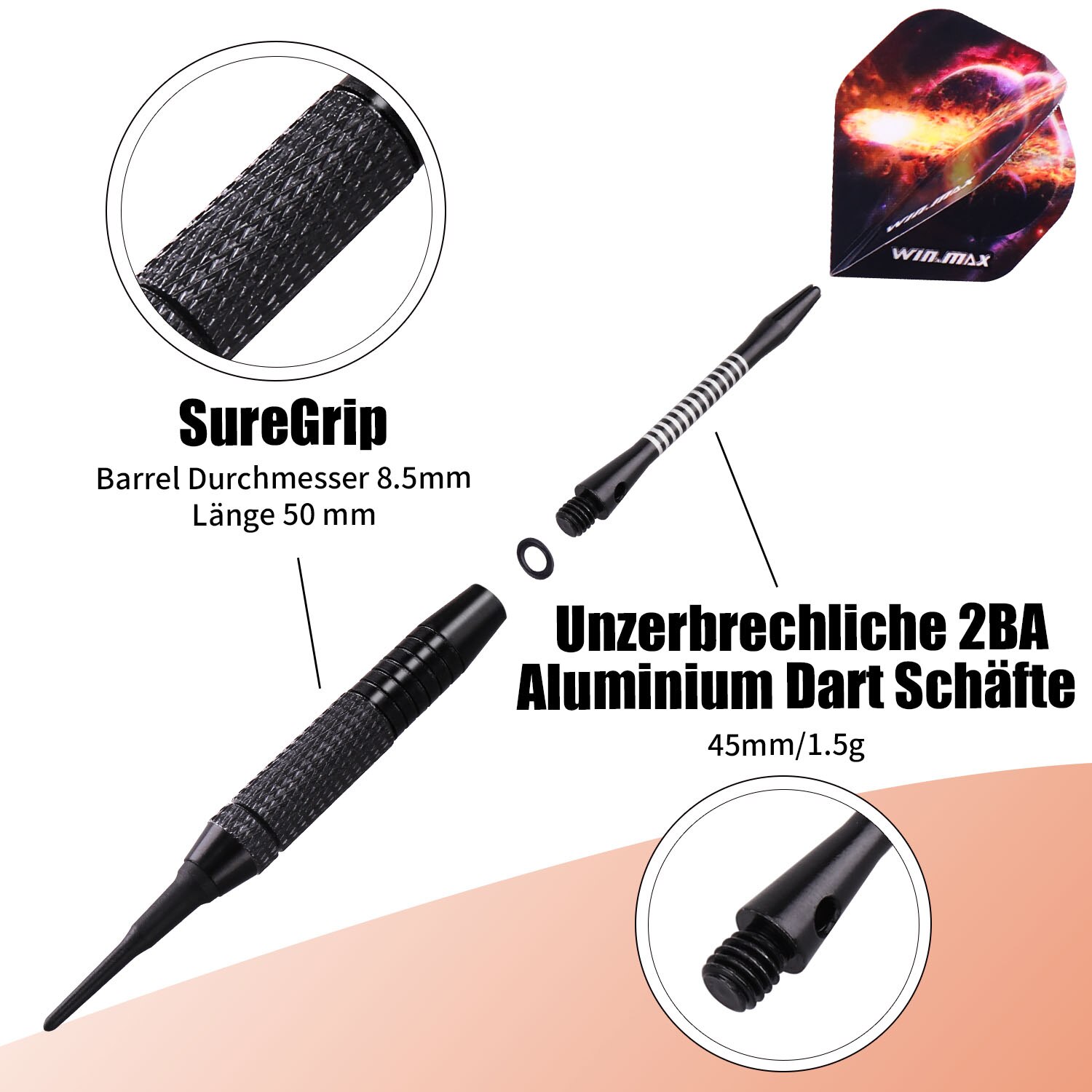 WINMAX 12 Pcs Darts Flights Set 18g Soft Tip For Electronic Dart Board Aluminium Shafts 100 Dart-Head 20 Anti-Loose Rubber Rings