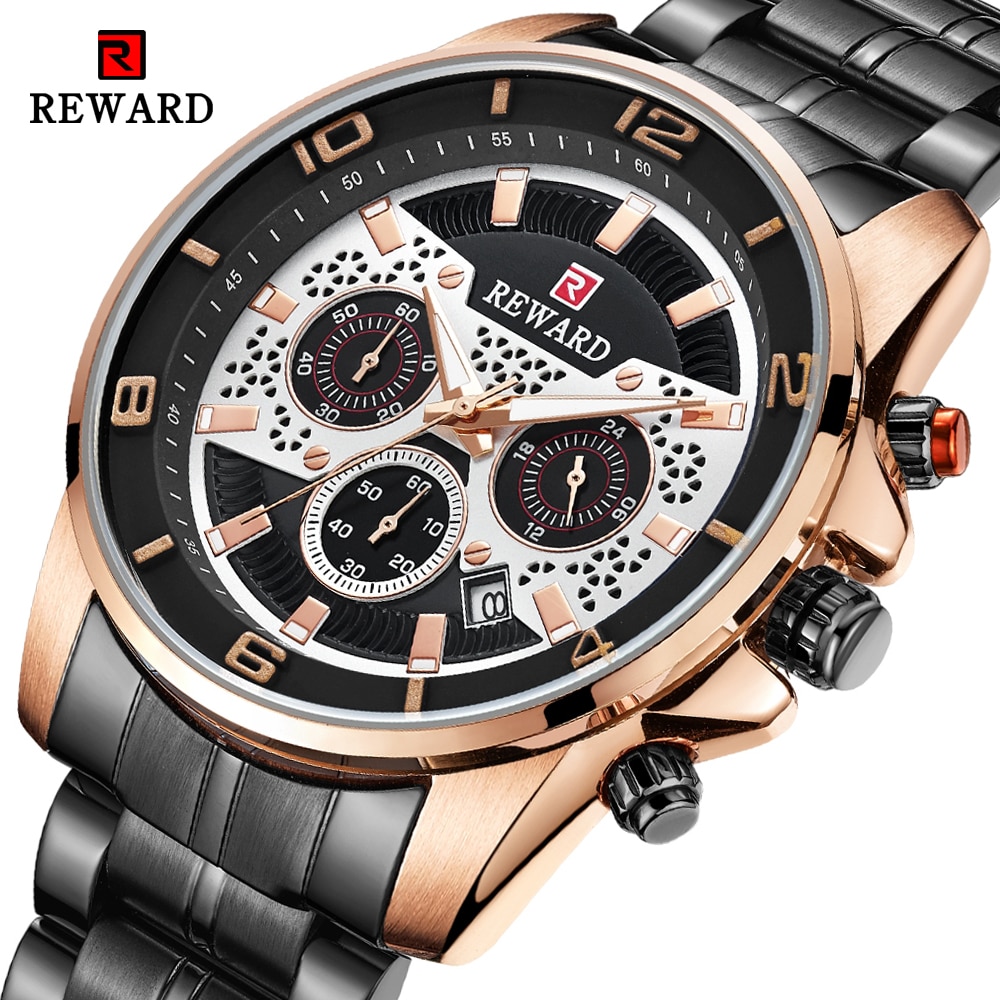 Reward sport chronograaf herenhorloges volledig stalen quartzhorloge grote wijzerplaat waterdicht horloge heren gouden polshorloges relogio masculino
