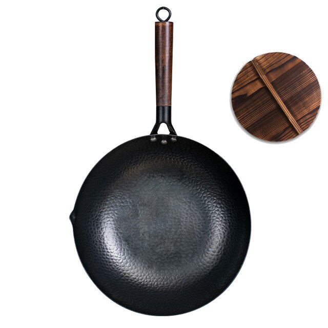 Fypo 32Cm Ijzeren Wok Handgemaakte Ijzeren Pan Huishouden Koekenpan Non-stick Pan Gasfornuis Inductie Fornuis Universele hout Cover Ijzeren Wok: Wok and Wok Lid