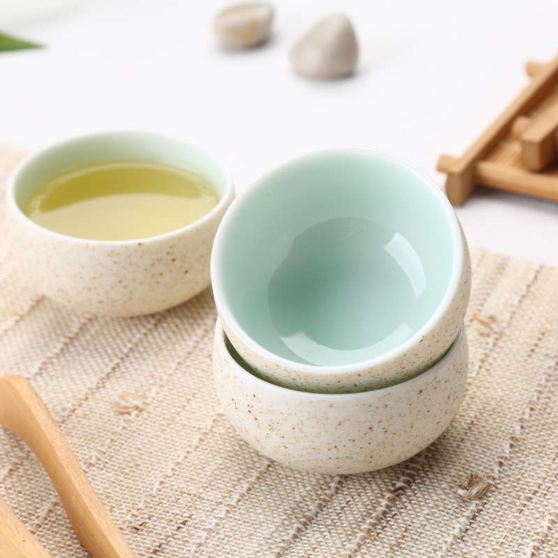 Taza de té hecha a mano en forma de tambor de cerámica áspera, taza de té de porcelana china de grado superior de horno de cerámica, juego de té de cerámica Puer cup set