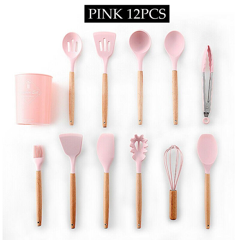 Muestra de juego de utensilios de cocina de silicona moderna 12 Uds mangos de madera espátula de cocina para no Stic