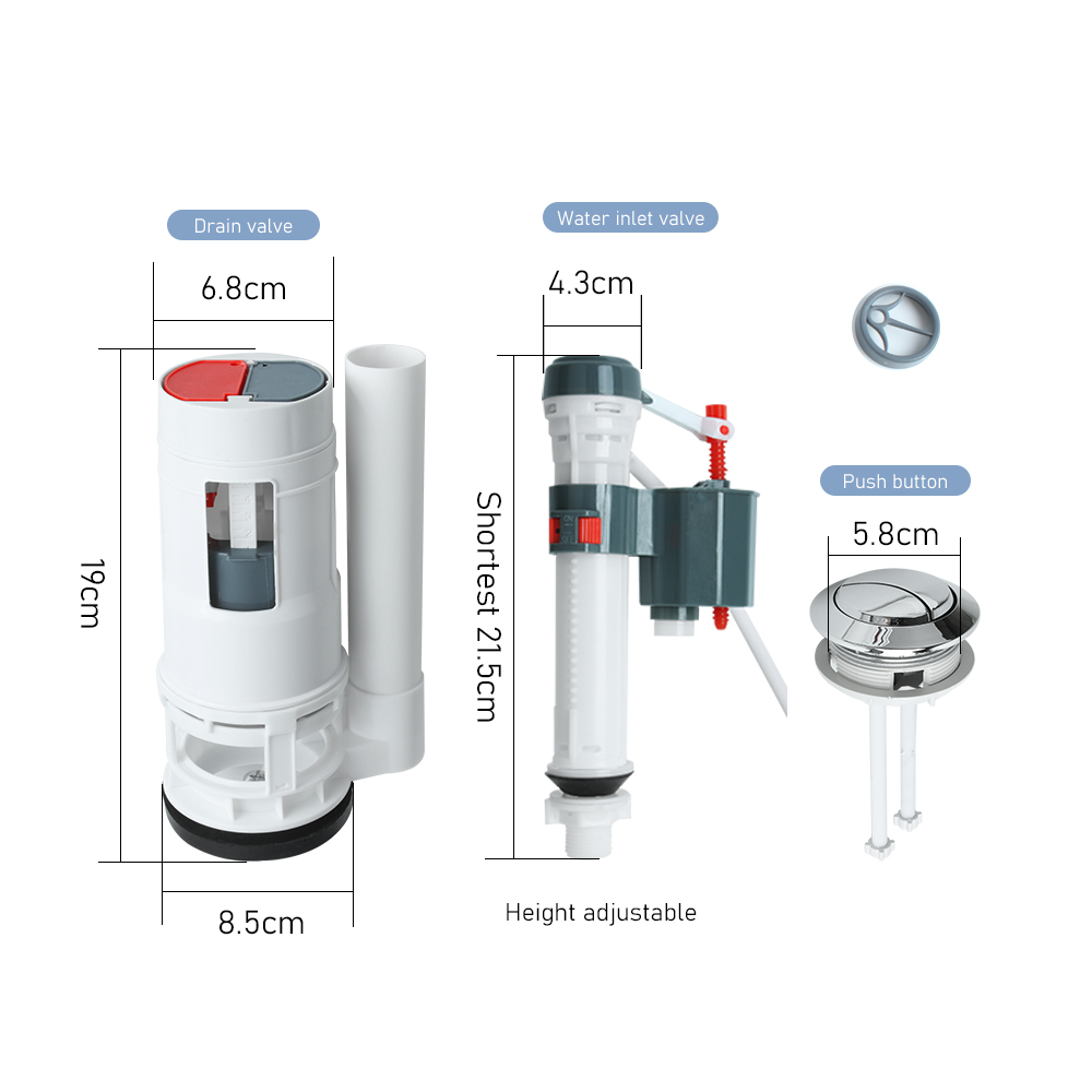 Flush Toilet Drain Valve Old Toilet Inlet and Outlet Valve Tank Button Fittings Spout Valve Button Complete Set: Light Grey