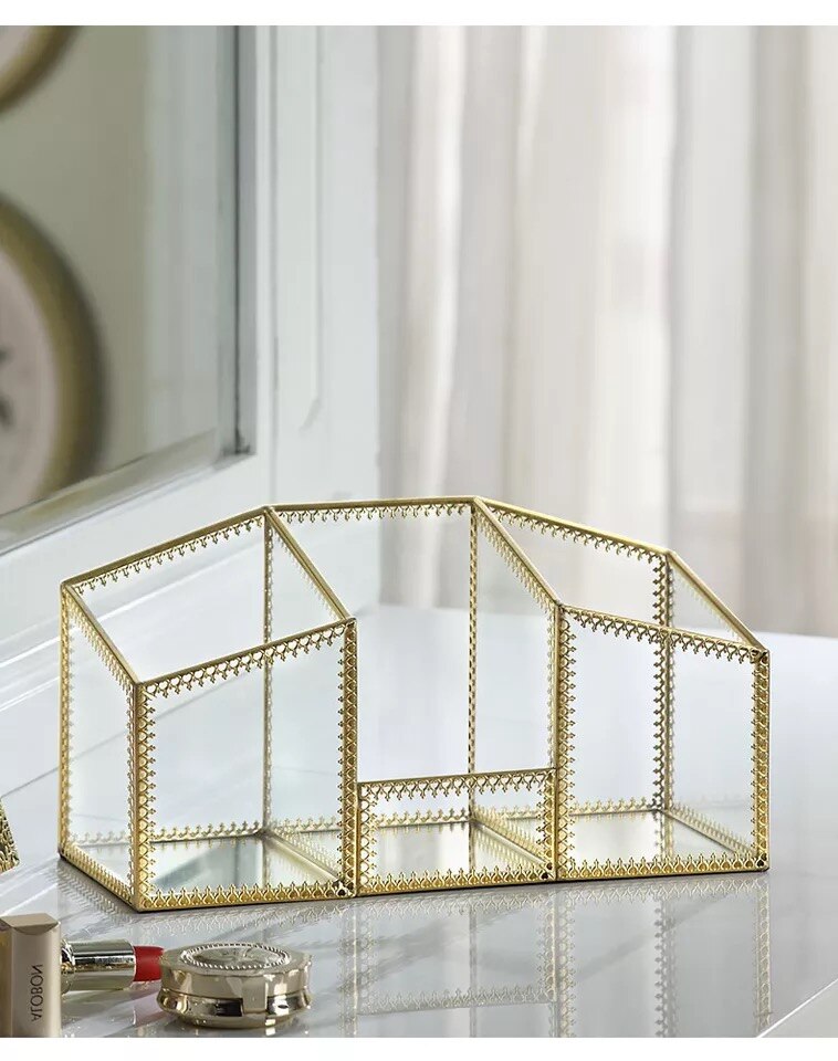 Antique Spacious Mirror Glass Cosmetic Storage Cube Set with 3 Tier Dustproof Drawers Vanity Tray/Gold Metal Makeup Storage: Rectangle-1