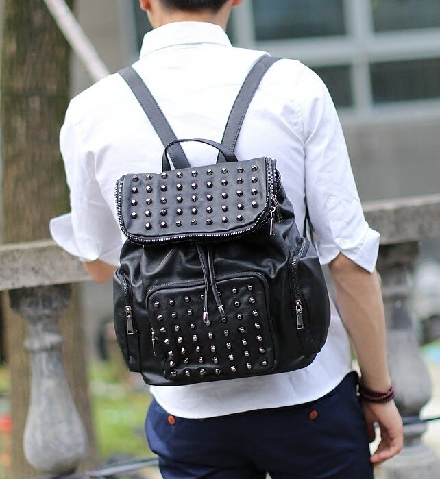 Britse liefhebbers klinknagels dubbele schoudertas mannen rugzak Koreaanse mode PU bag trend student tas mannelijke tas MM