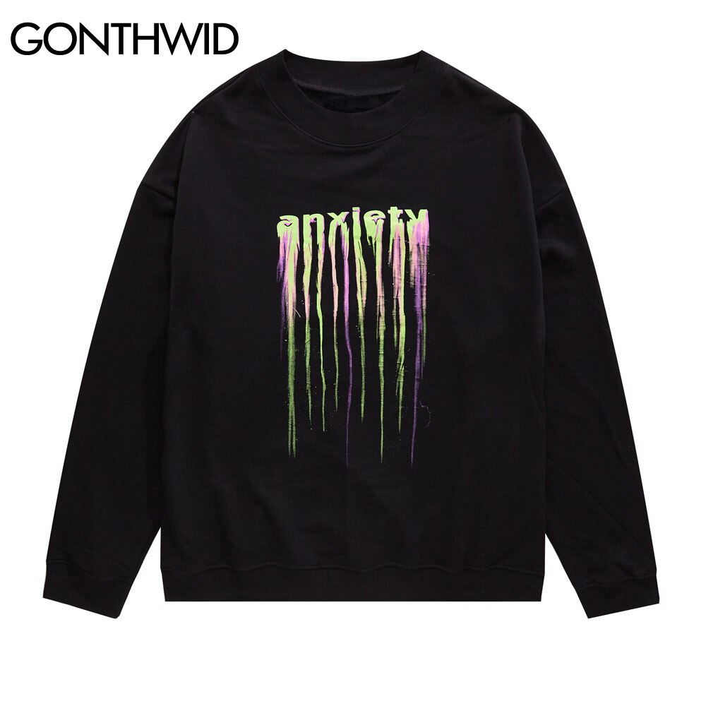 Gonthwid Creatieve Angst Print Sweatshirt Hoodies Heren Hip Hop Harajuku Casual Losse Capuchon Tops Heren Uitloper