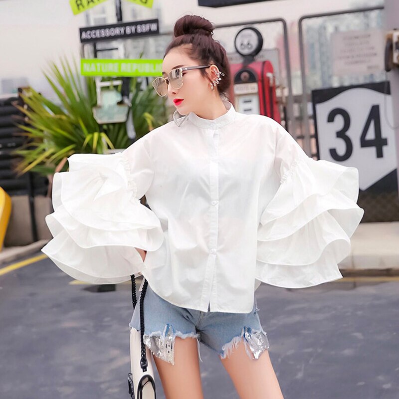 TWOTWINSTYLE Casual Patchwork Ruffles Women Shirt Stand Collar Lantern Long Sleeve Loose Blouse For Female Clothing Spring