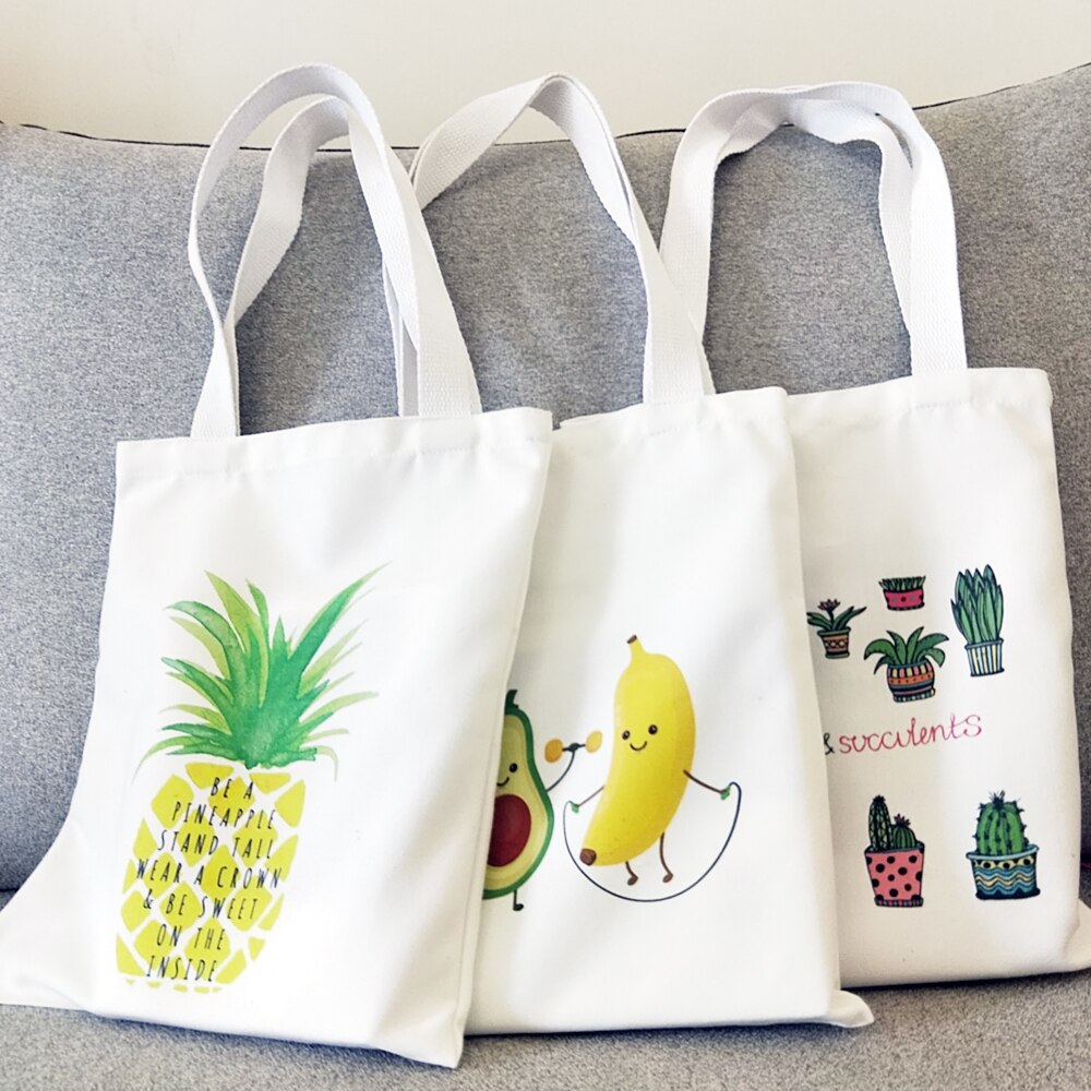 Canvas tas, eco-boodschappentas, dagelijks gebruik, opvouwbare canvas schoudertas, geruite canvas tas voor dames, banaan-avocadoprint