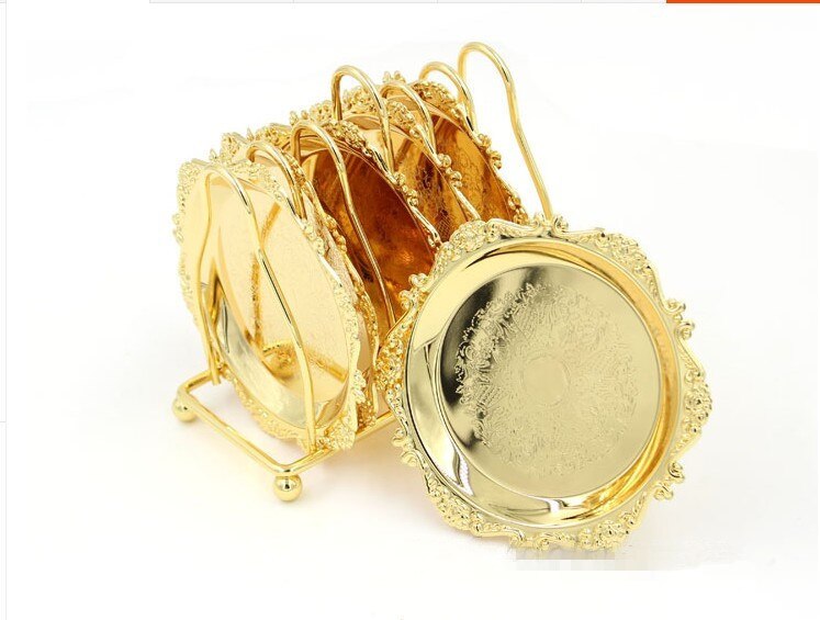 6pc Classical Golden Cocktail Metal Coaster Continental Vintage Zinc Alloy Plated Gold Plated Mat placemat diameter 10.5cm: Gold 6pcs