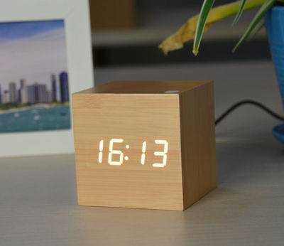 FiBiSonic Upgrade LED Alarm Clock,despertador Temperature Sounds Control LED display desktop Digital table clocks: bamboo white