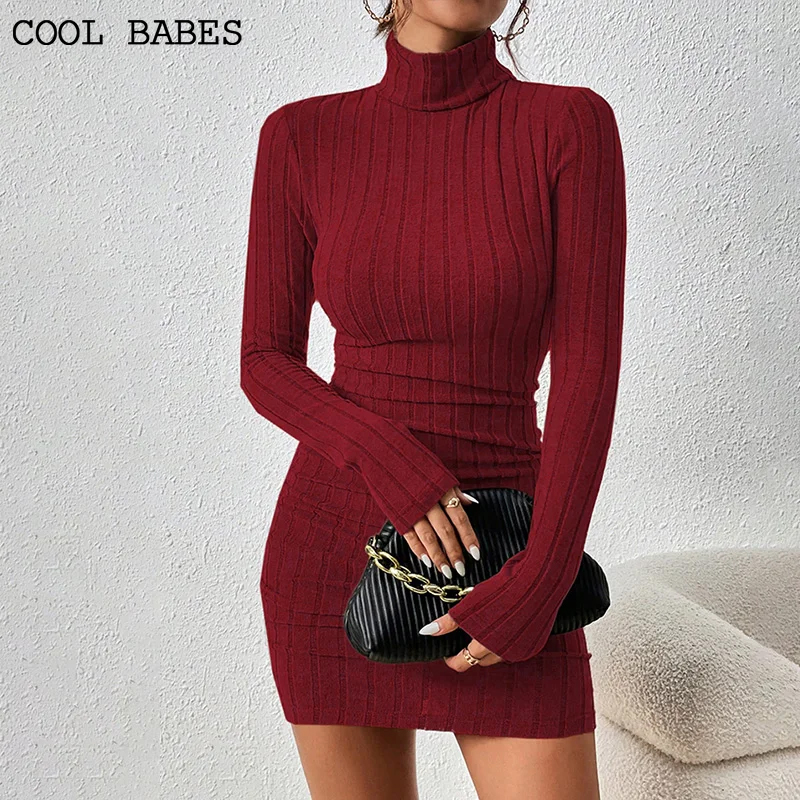 Ensfarget kjole kvinner fest høst vinter polotrend lange ermer sexy skjede minikjoler bodycon klubb strikket kjole