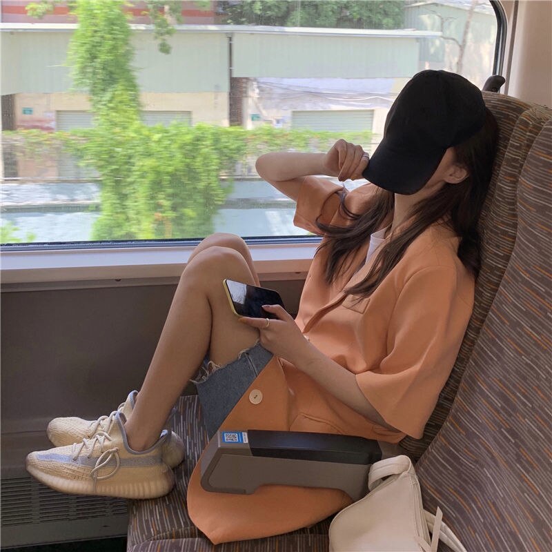 Blazers Vrouwen Zomer Dunne Koreaanse Oranje Losse Temperament X-Lange Mode All-Match Zakken Kantoor Dame Korte mouwen Uitloper