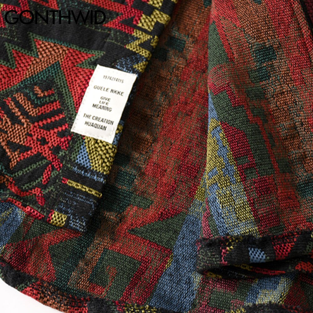 Gonthwid sørvestlige aztec tribal indian button skjorter streetwear hip hop geometri mønster casual langermet skjorte topper strøk