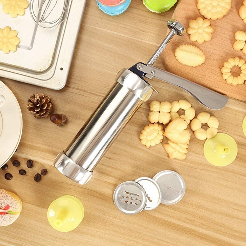 Cookie Press Stainless Steel Spritz Cookie Press,Icing Kit With 20 Cookie Mold Discs And 4 Piping Nozzle For DIY Biscuit